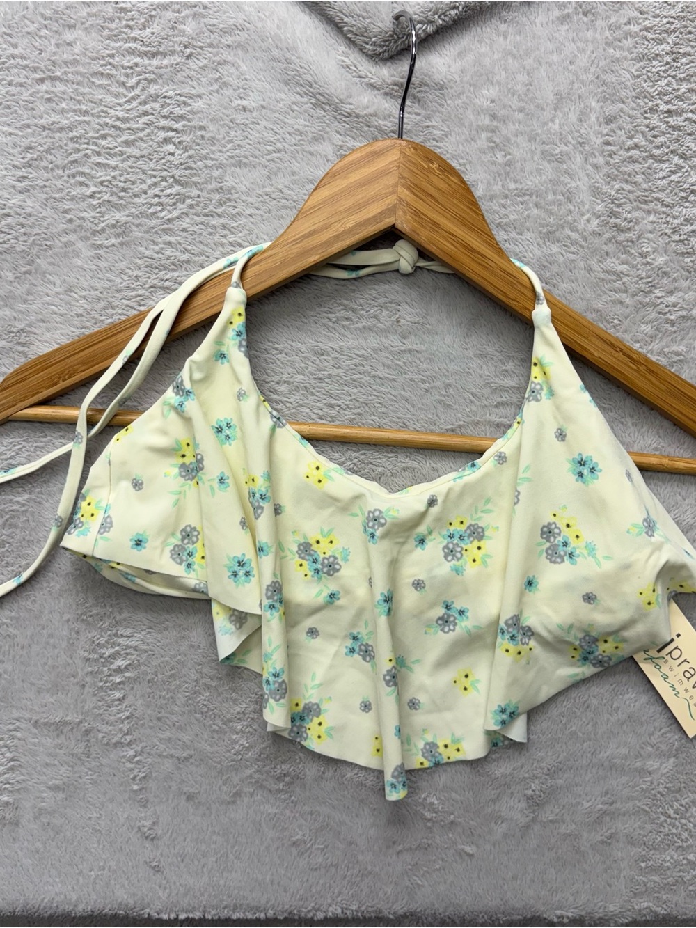 Tori Praver Swimwear Cream Floral Ruffle Bikini Top with Aqua and Yellow Accents